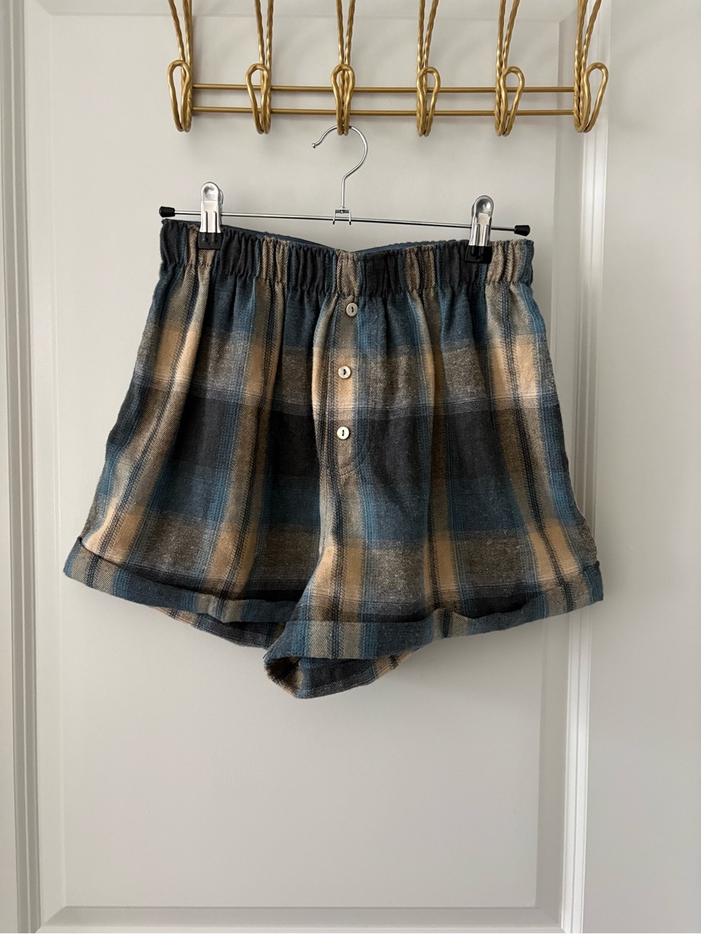 Free People High-Waist Plaid Button-Front Shorts in Blue and Tan